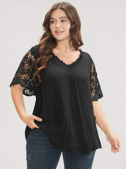 Plain V Neck Floral Patchwork Blouse