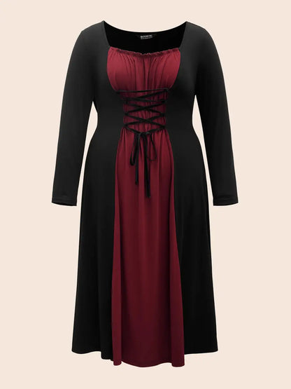 Stretchy Knit Adjustable Tie Frill Trim Midi Dress