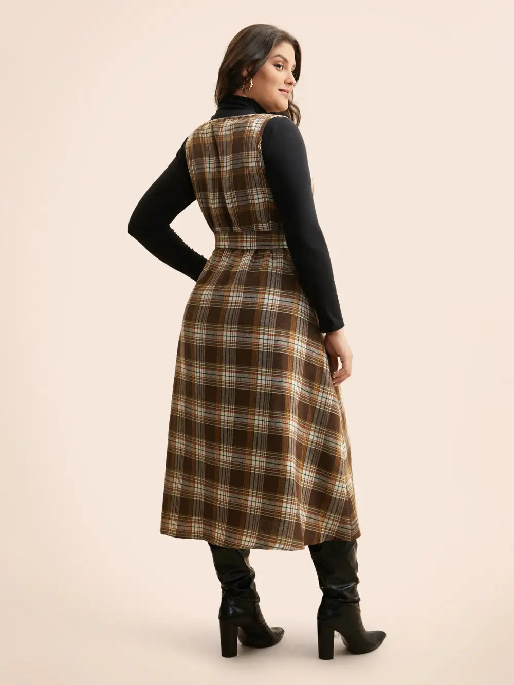 Square Neck Plaid Belted Dress
