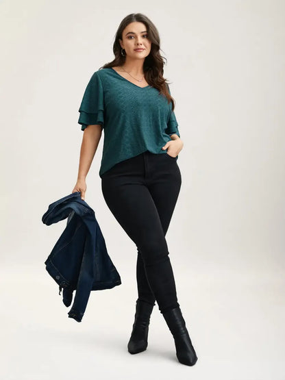 Jacquard Textured Lotus Leaf Sleeve Top