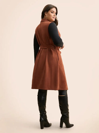 Suit Collar Faux Suede Belted Jacket