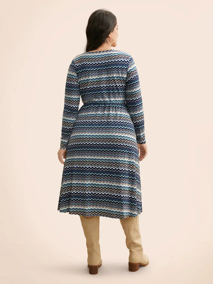 Contrast Striped Crew Neck Midi Knit Dress