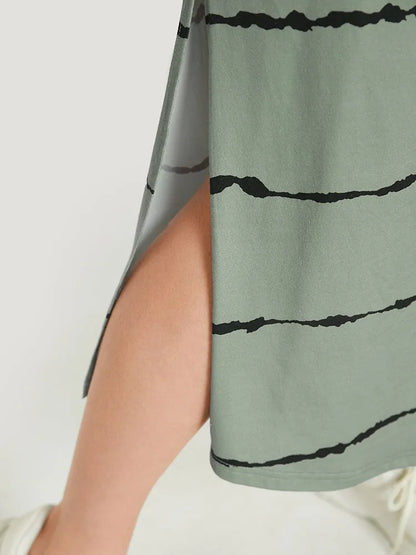 Striped Print Petal Sleeve Pocket Split Hem Dress