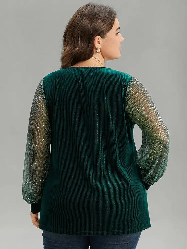 Velvet Patchwork Mesh Sequin Notched T-Shirt