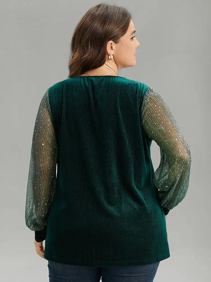 Velvet Patchwork Mesh Sequin Notched T-Shirt