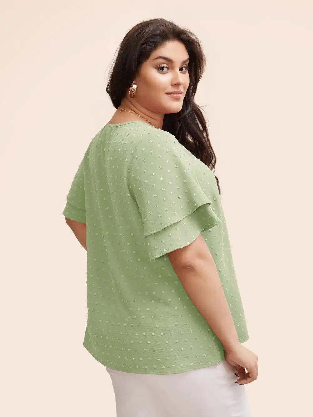 Plain Ruffle Tiered Sleeve V Neck Polka Dot Blouse