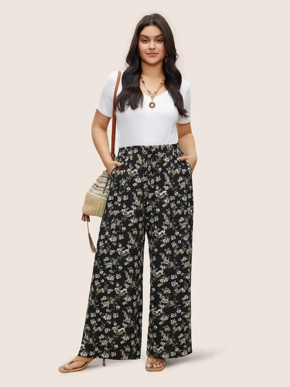 Ditsy Floral Ties Split Hem Wide Leg Pants
