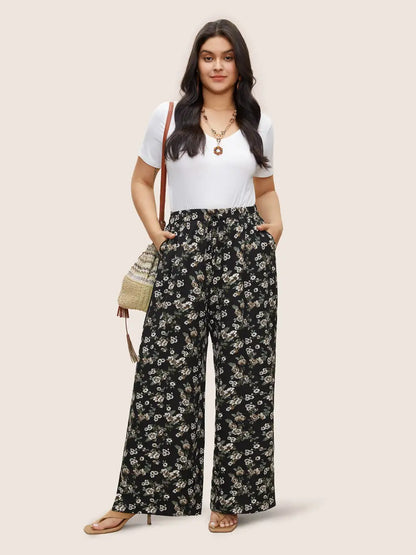 Ditsy Floral Ties Split Hem Wide Leg Pants