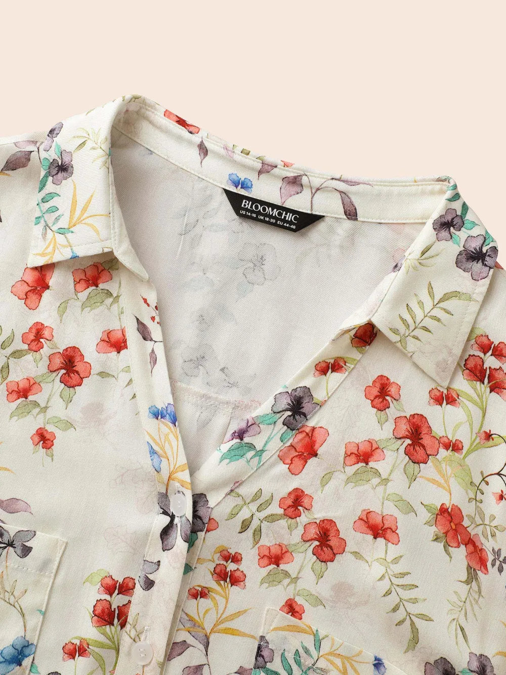 Shirt Collar Floral Patched Pocket Blouse