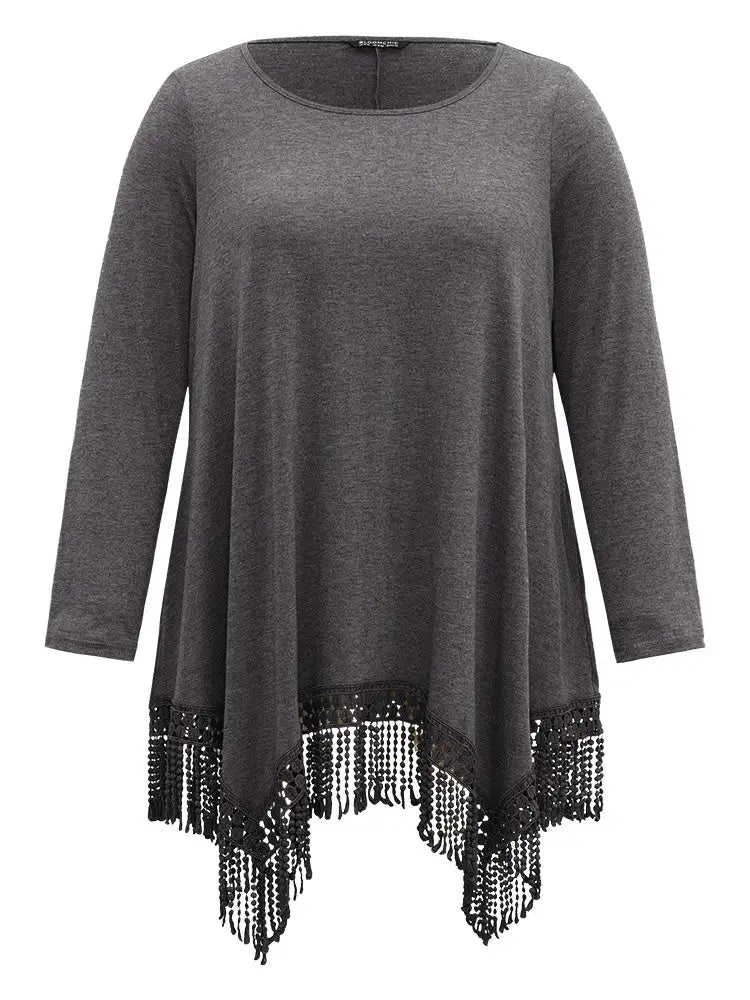 Solid Tassels Trim Pocket Asymmetrical Hem T-Shirt