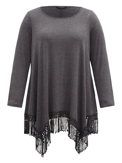 Solid Tassels Trim Pocket Asymmetrical Hem T-Shirt
