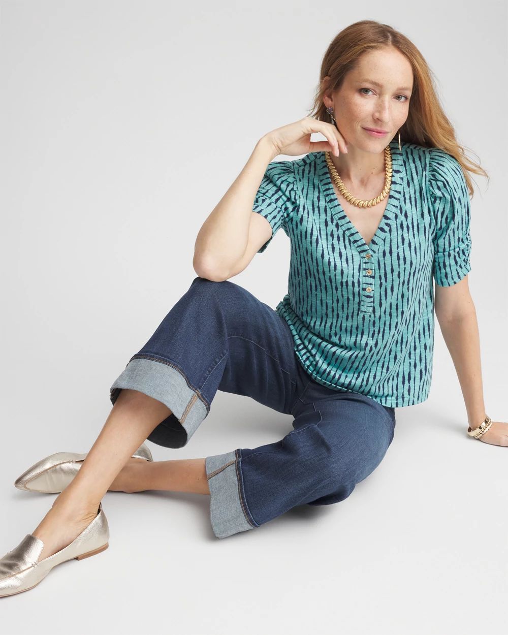 Slub Shirred Sleeve Henley Tee