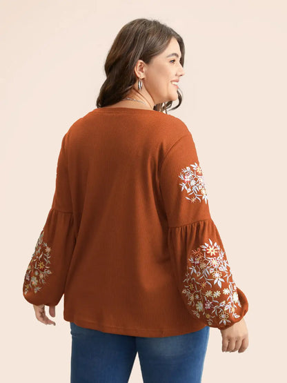 Waffle Knit Floral Embroidered Lantern Sleeve T-Shirt