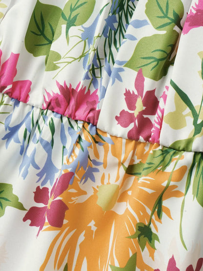 Floral Notched Collar Lantern Sleeve Blouse