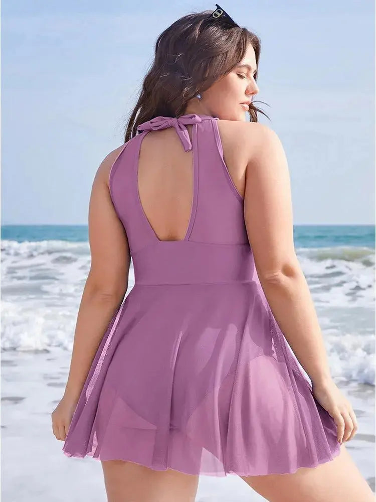 Knotted Back Mesh Insert Halter Swim Dress