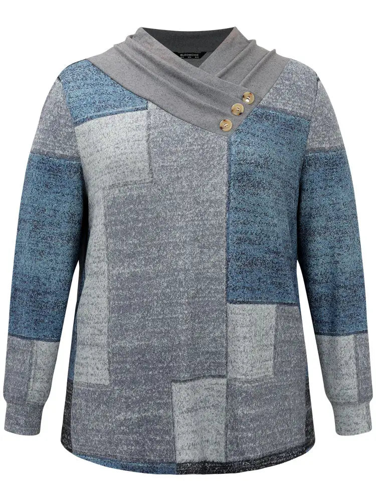 Asymmetrical Colorblock Button Detail Pleated T-Shirt