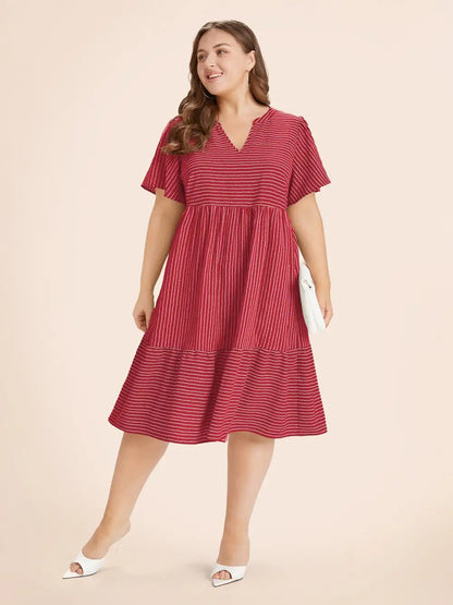 Striped Patchwork Notched Flutter Layered Babydoll Dress