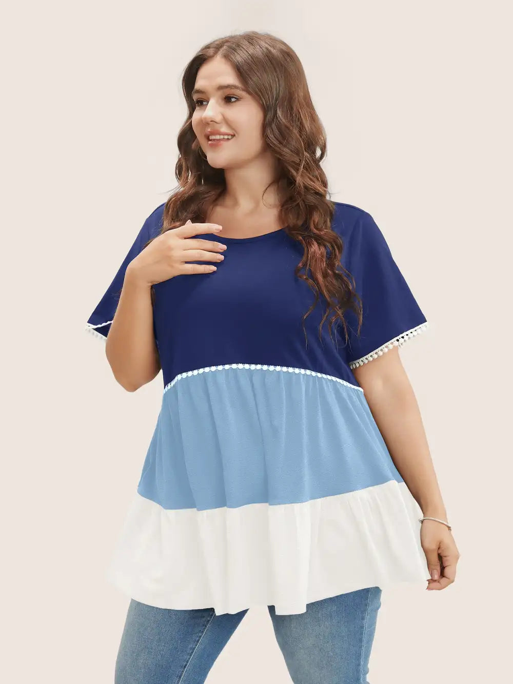 Colorblock Contrast Ruffle Tiered T-Shirt