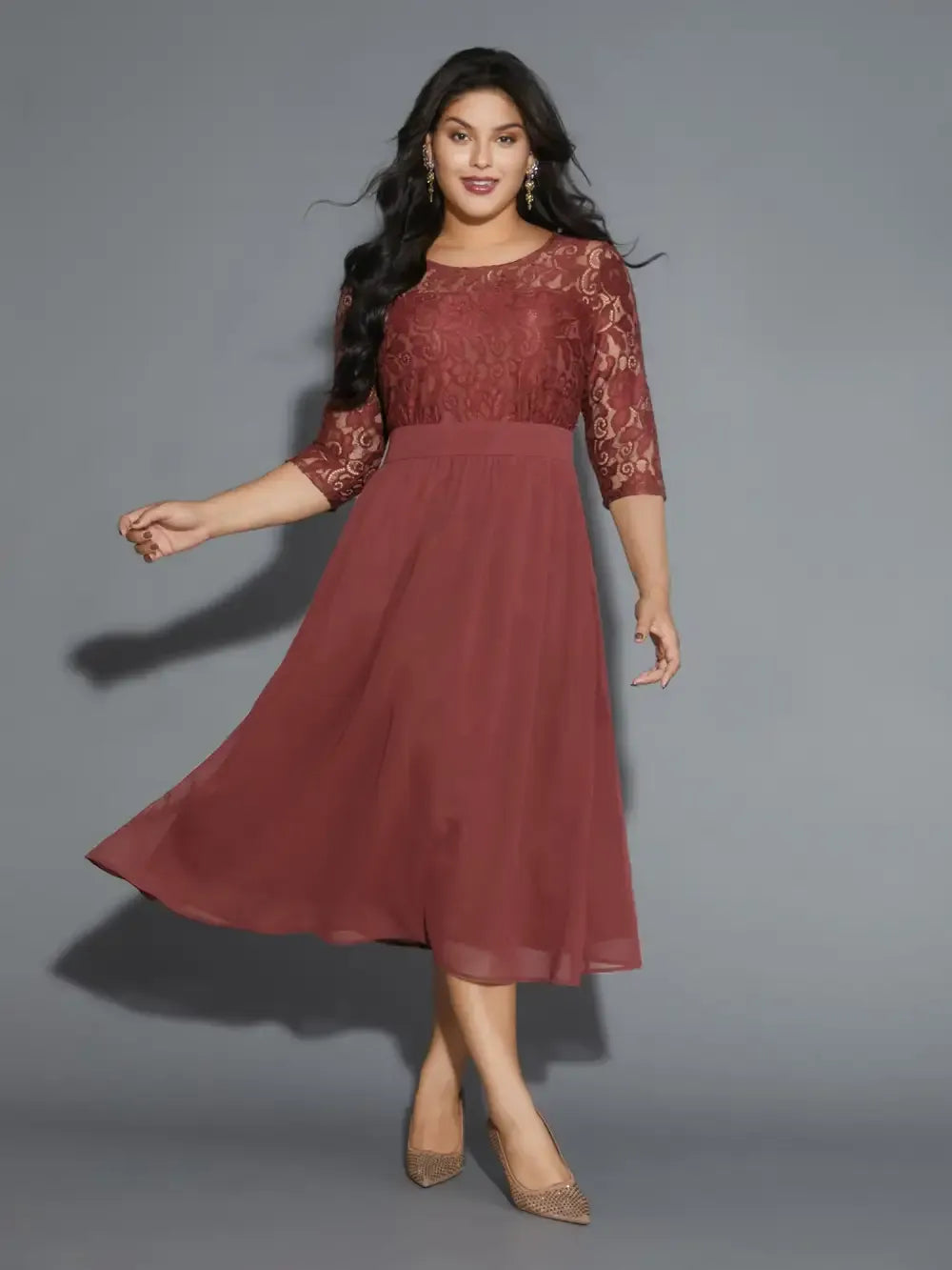 Lace Patchwork Shirred Midi Pocket Dress