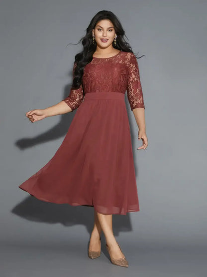 Lace Patchwork Shirred Midi Pocket Dress