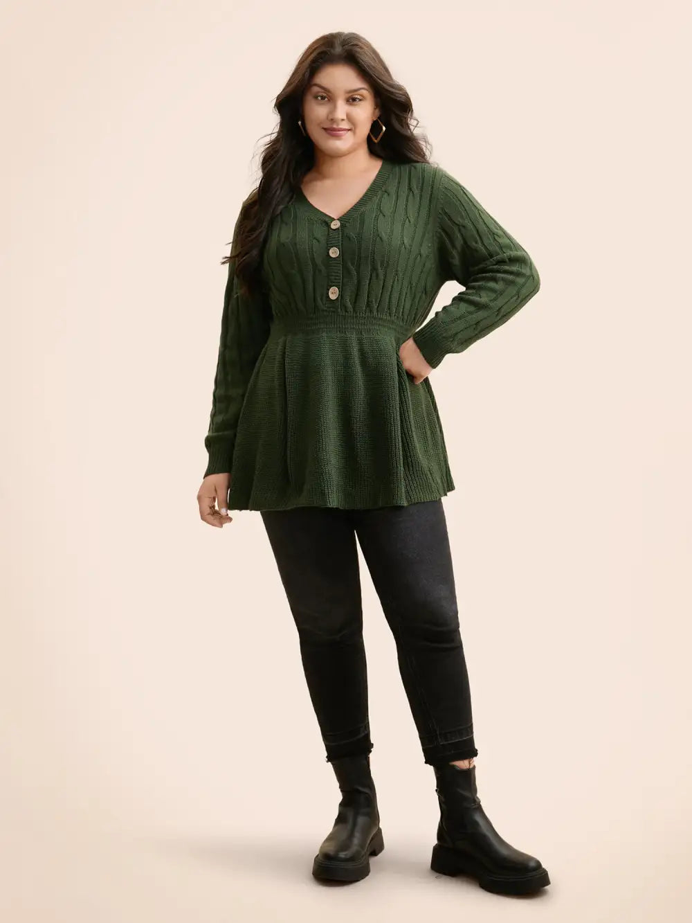 Texture Cable Knit Button Detail Pullover