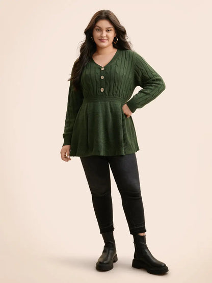 Texture Cable Knit Button Detail Pullover