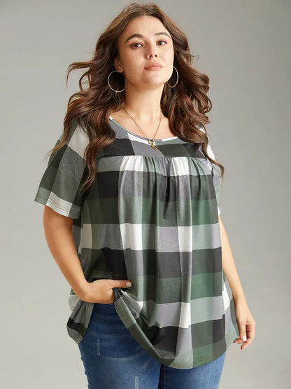 Plaid Round Neck Gathered T-Shirt