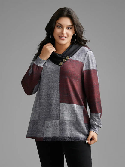 Asymmetrical Colorblock Button Detail Pleated T-Shirt