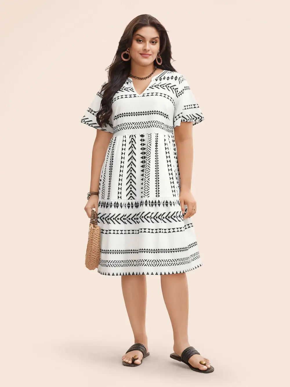 Bandana Geometric Ruffle Sleeve Babydoll Dress