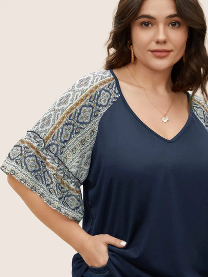 Boho Print Patchwork Raglan Sleeve T-Shirt