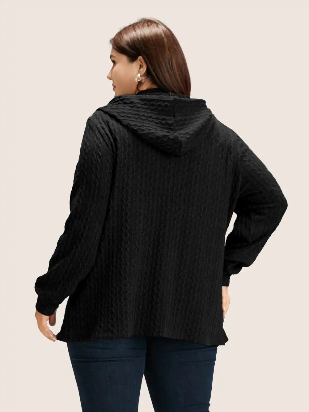 Plain Textured Zipper Hooded Sweatshirt