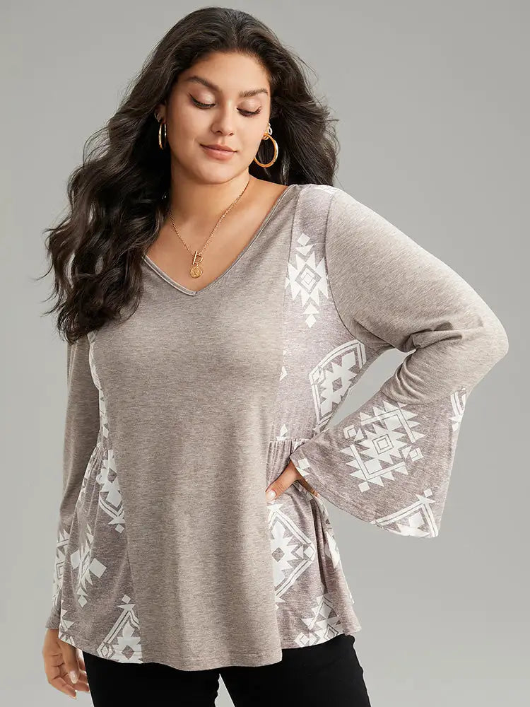 Floral Print Bell Sleeve V Neck T-Shirt