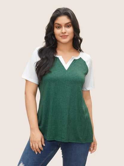 Colorblock Contrast Notched Raglan Sleeve T-Shirt