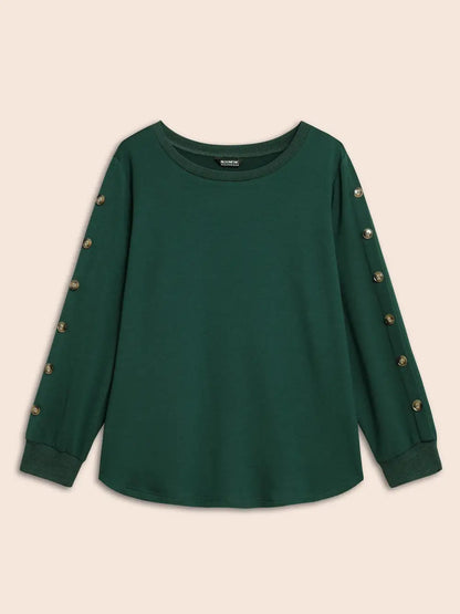 Crew Neck Patchwork Button Detail Sweatshirt