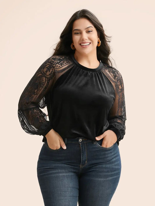 Lace Patchwork Velvet Raglan Sleeve Blouse