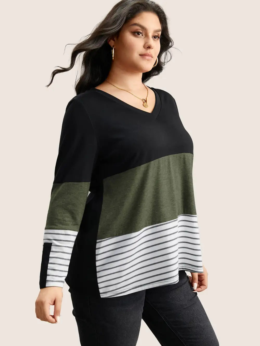 Colorblock Contrast Striped V Neck T-Shirt