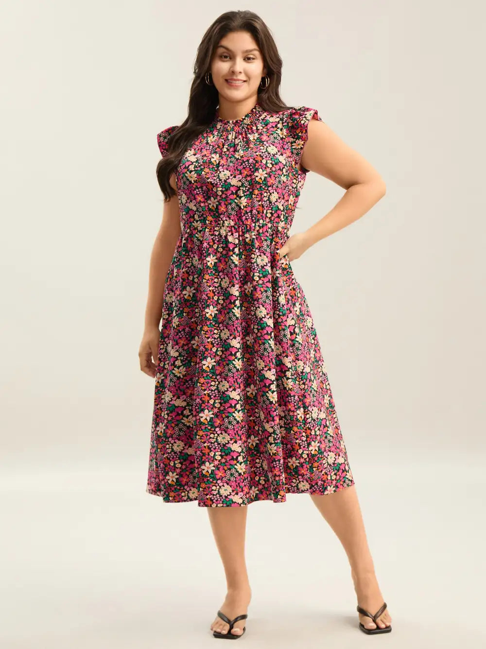 Floral Print Shirred Pockets Midi Dress