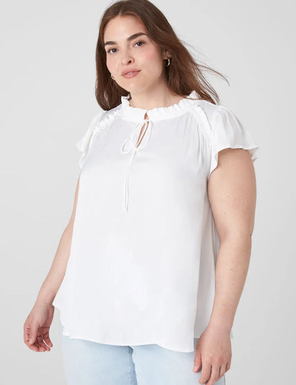 Flutter-Sleeve Woven Satin & Knit Top