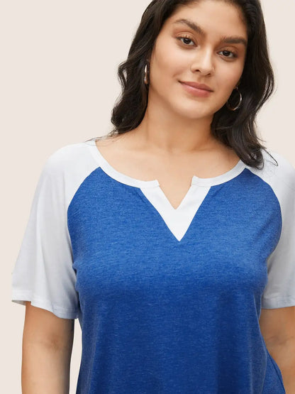 Colorblock Contrast Notched Raglan Sleeve T-Shirt