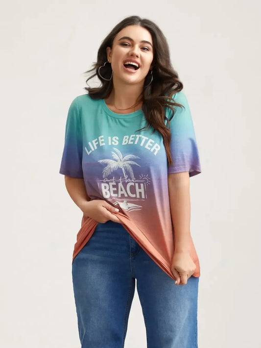 Gradient Beach Print Fitted T-Shirt