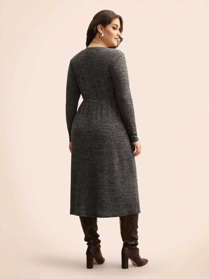 Crew Neck Button Detail Split Hem Dress