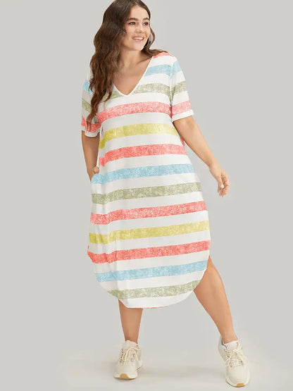 Striped Contrast Arc Hem V Neck Pocket Dress