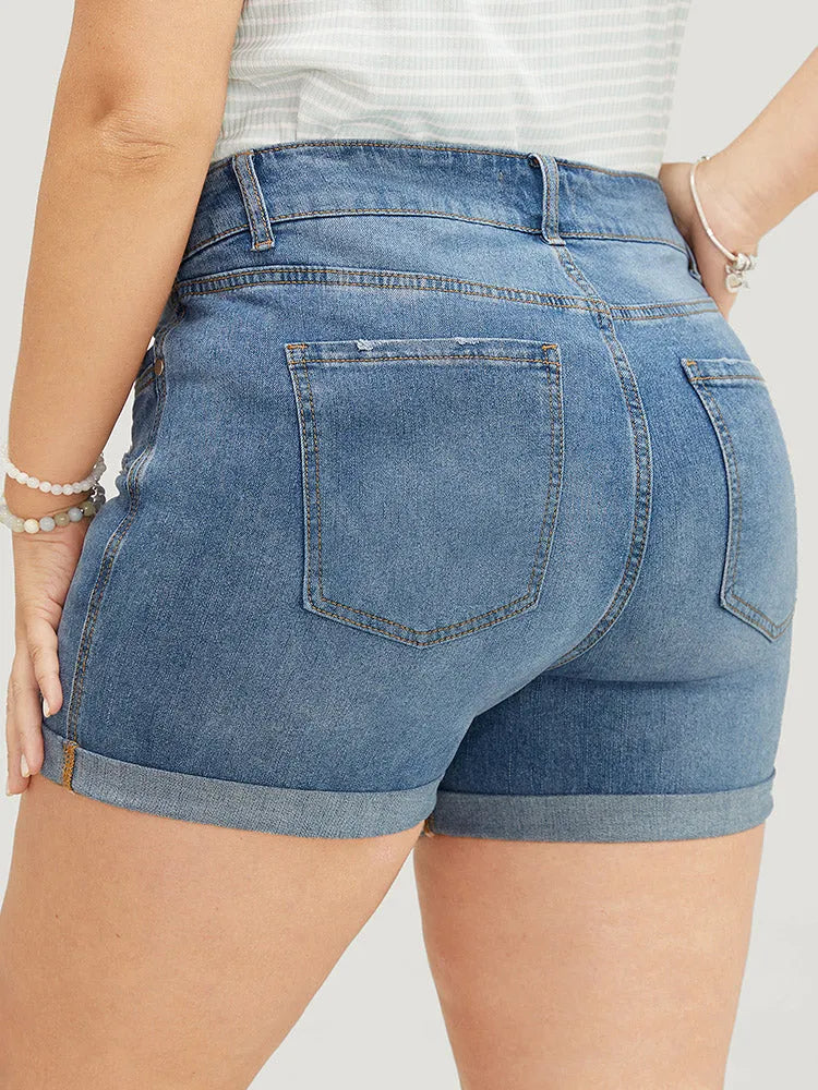 Skinny Very Stretchy Light Wash Roll Hem Distressed Denim Shorts