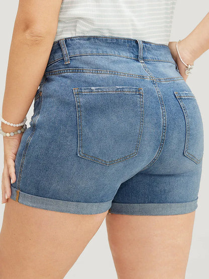 Skinny Very Stretchy Light Wash Roll Hem Distressed Denim Shorts