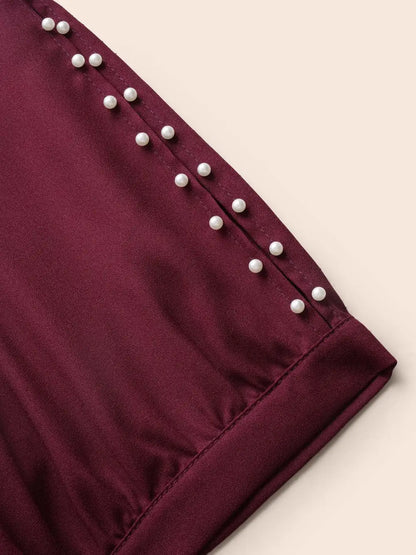 Round Neck Pearl Beaded Cut Out Blouse