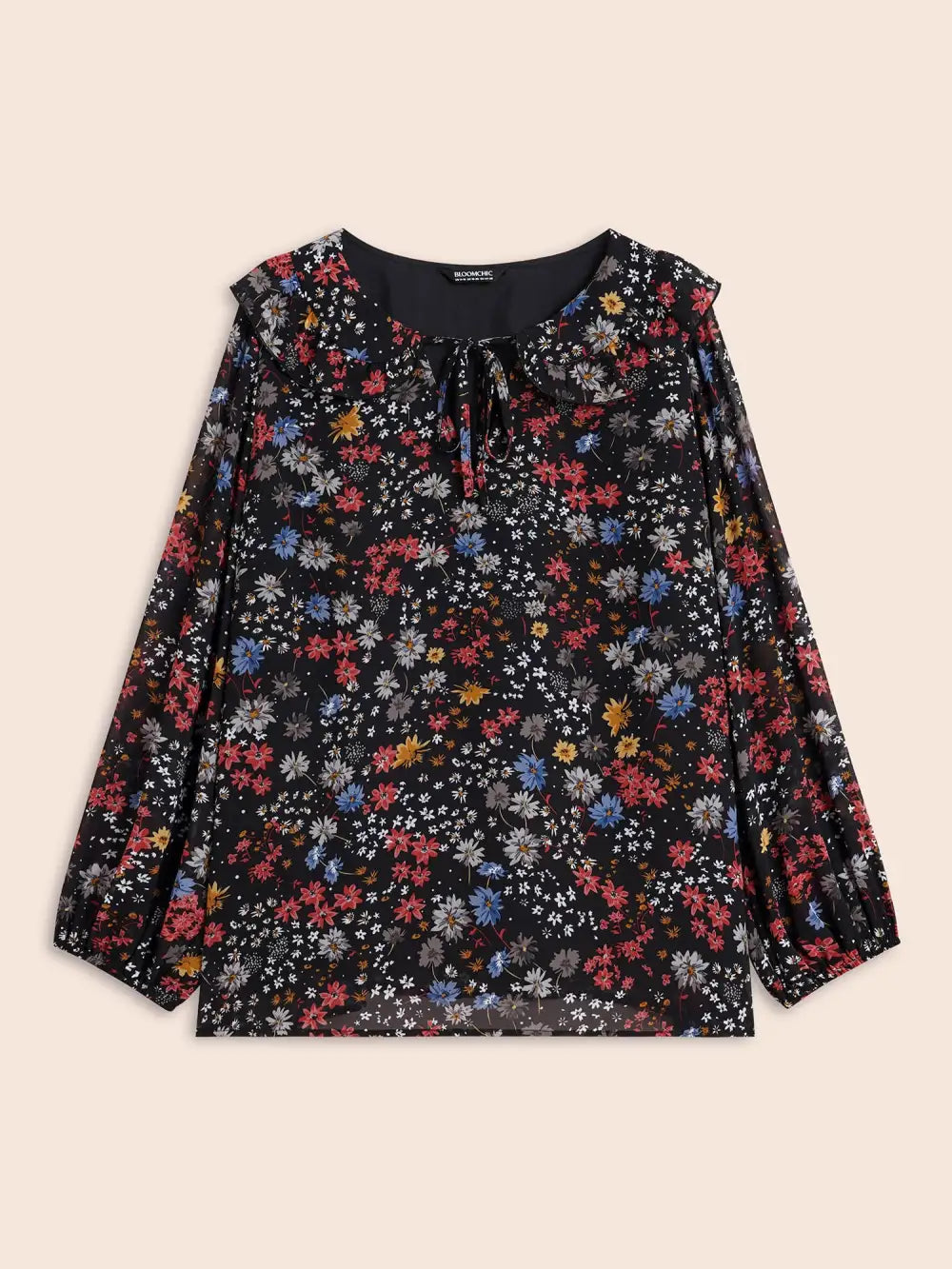 Chiffon Floral Tie Knot Ruffle Trim Blouse