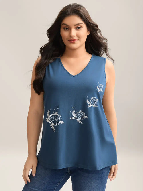 Turtle Print V-Neck Tank Top