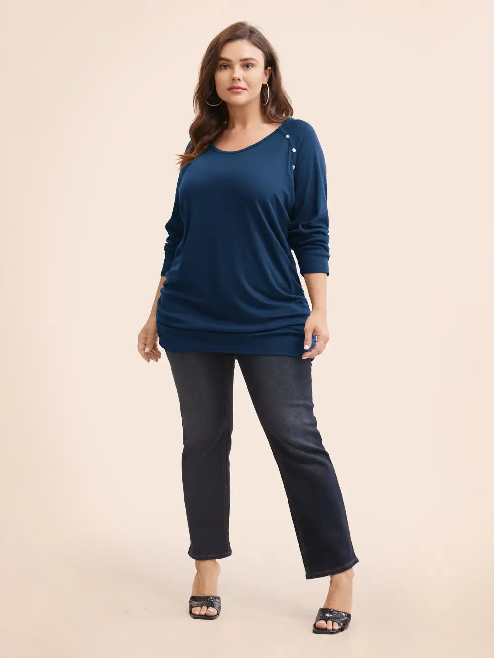 Plain Gathered Button Detail T-Shirt