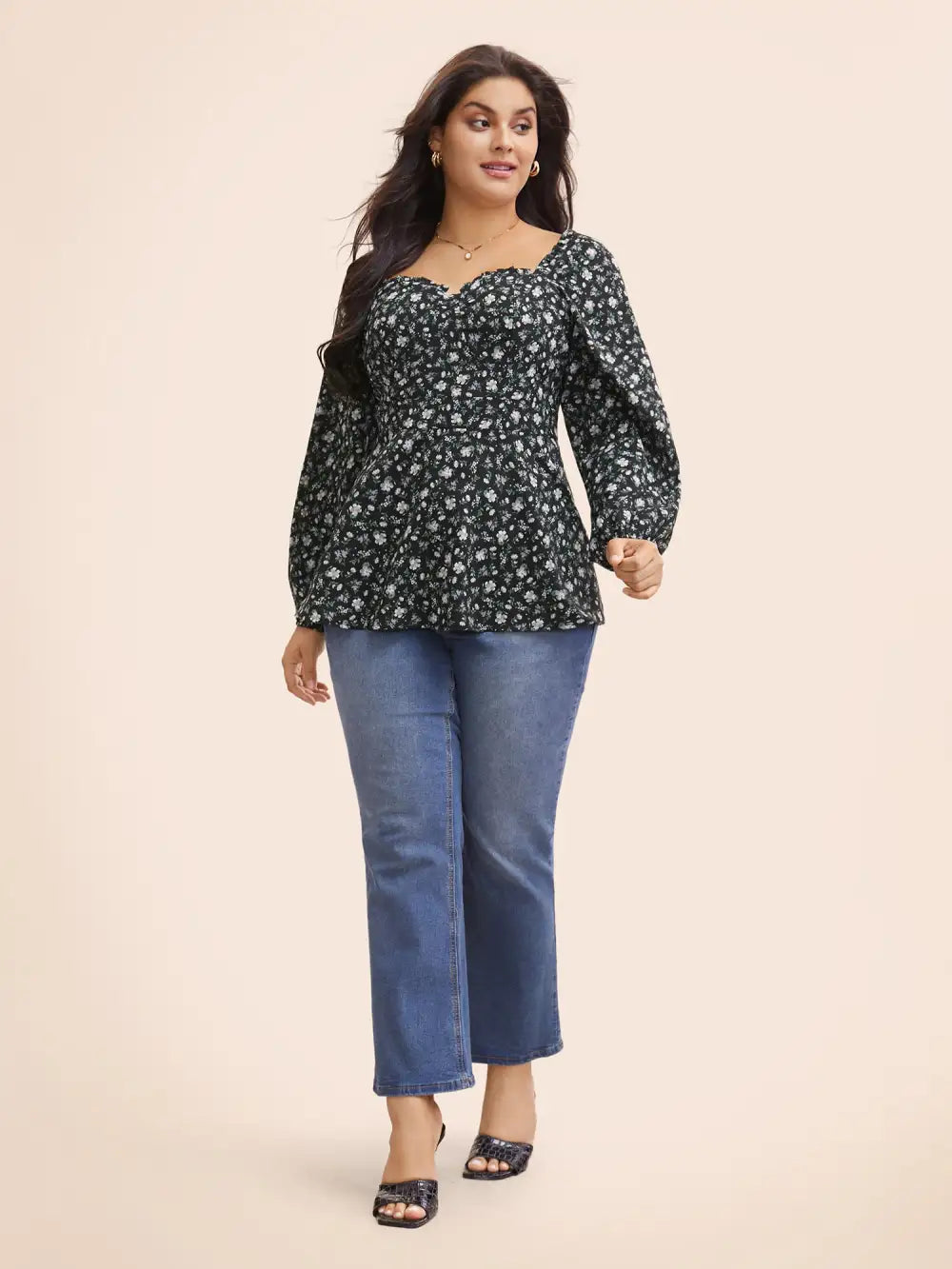 Heart Neckline Ditsy Floral Shirred Blouse