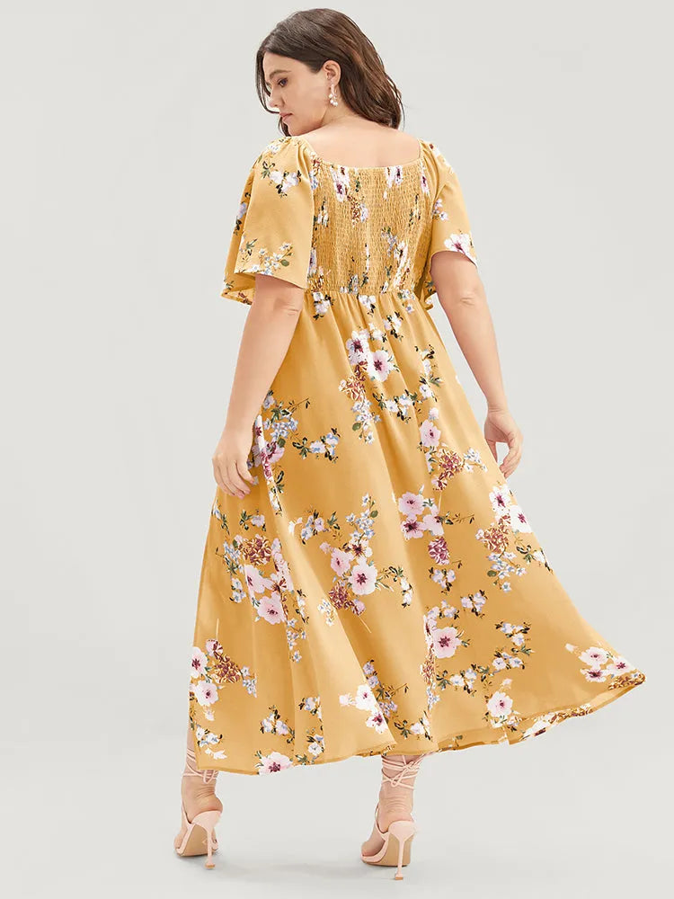 Floral Square Neck Ruffles Pocket Shirred Split Dress
